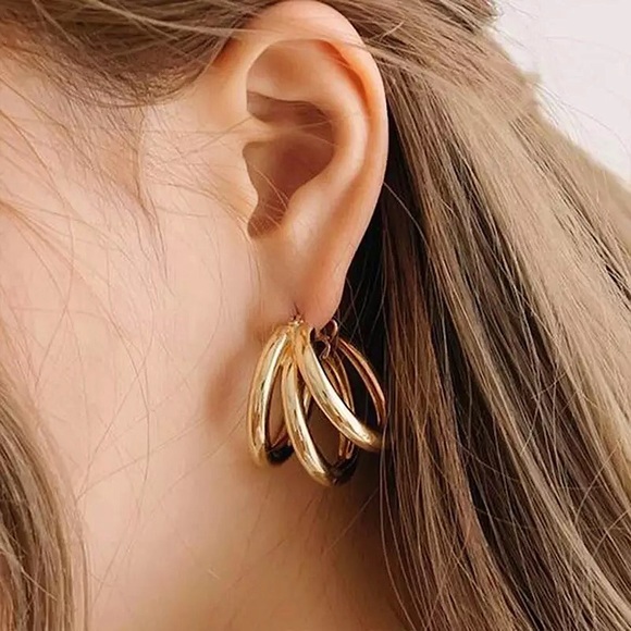 “Triple Dare” Multi-Hoop Classic Simple Minimalist Neutral Casual Circle Earring - Picture 2 of 10